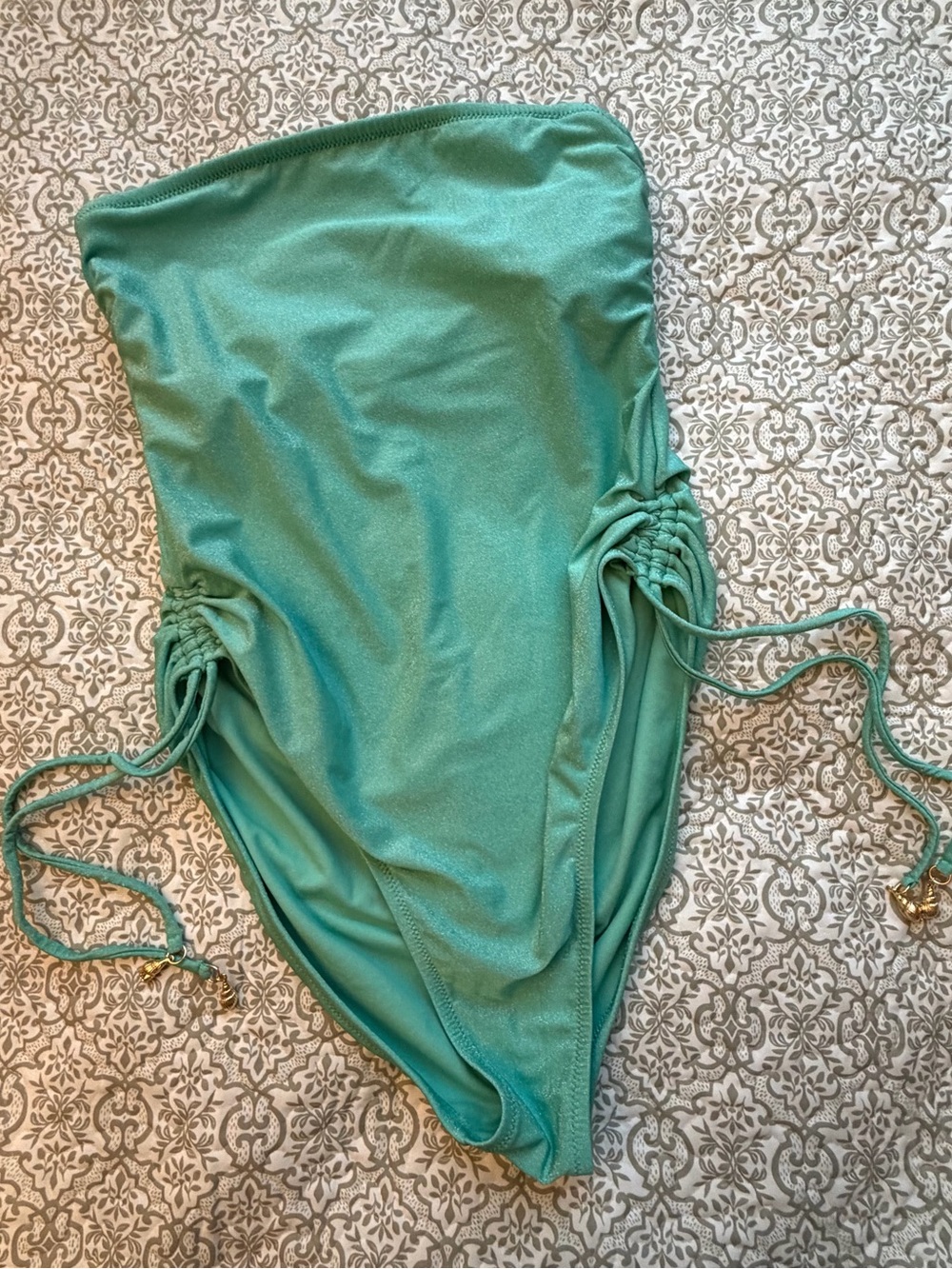 Green Teal Solid Drawstring Swim Onepiece Women's Size L (12-14) beach, pool